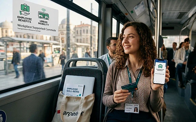 Yol ücreti ve 2026 istisna bedelleri hakkında bilgi Toplu taşımada çalışan bir kadın, telefonunda yol ücreti uygulaması açmış, gülümseyerek bakıyor.