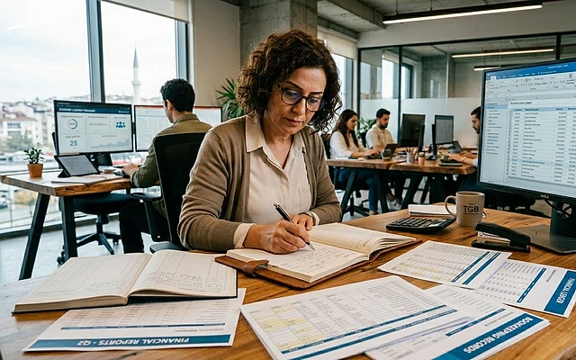 Yevmiye defteri tutma rehberi Ofis ortamında yevmiye defteri tutan bir kadın, bilgisayar ve belgelerle çalışıyor.