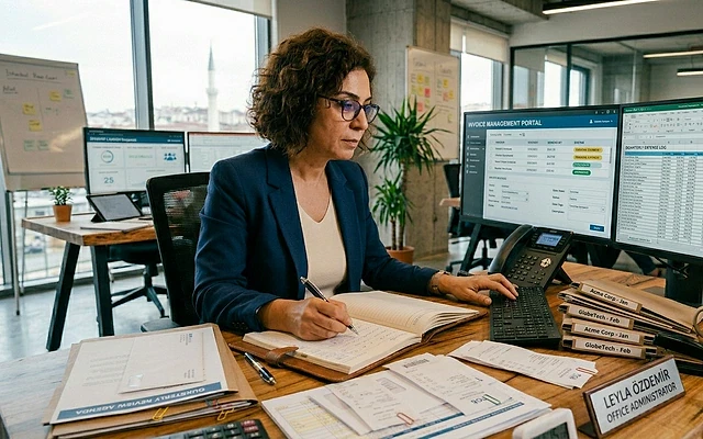 Ön muhasebe elemanının ofis içindeki çalışma ortamı Ofis ortamında ön muhasebe elemanı, bilgisayar ve belgelerle çalışıyor.