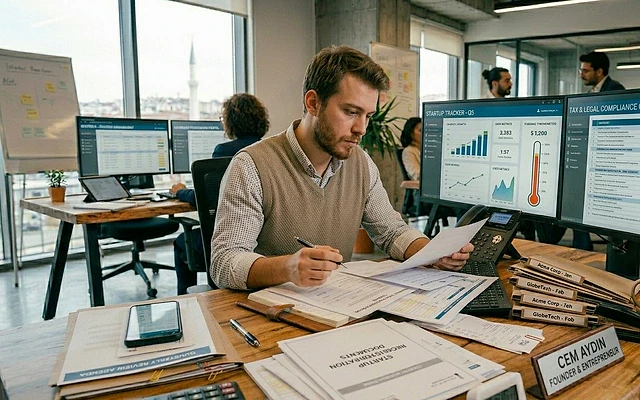 Şahıs şirketi kurma rehberi için kapak görseli Ofis ortamında belgelerle çalışan bir girişimci, bilgisayar ekranında grafikler var.