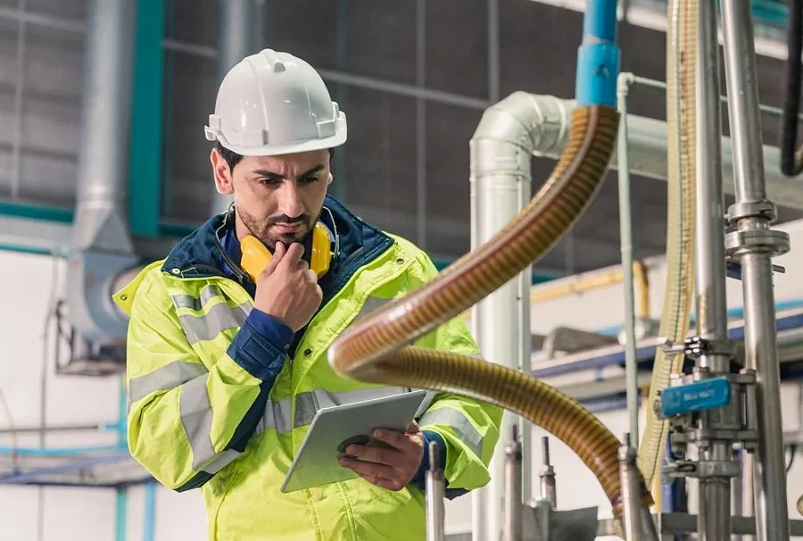 Eleman Nedir? İş İlanları ve Firmalar Fabrika ortamında tablet kullanan işçi, eleman arayışını simgeliyor.
