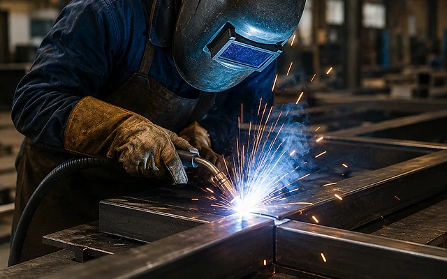 Kaynakçı olmanın yolları ve gereklilikleri Kaynak işlemi yapan bir işçi, metal parçaları birleştiriyor ve kıvılcımlar çıkıyor.