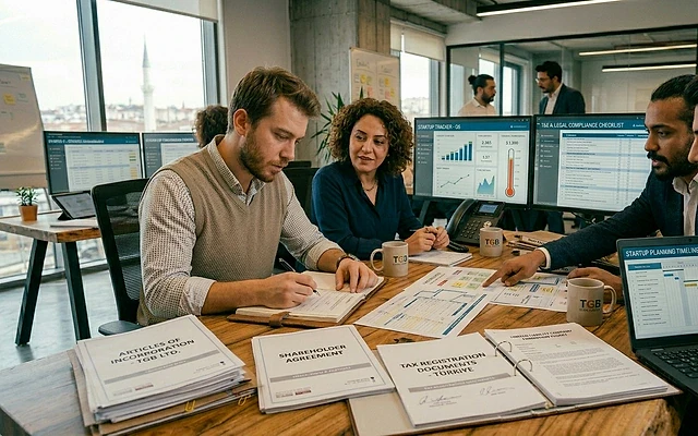Limited şirket kurma rehberi için profesyonel çalışma ortamı Bir grup profesyonel, ofis ortamında belgeler üzerinde çalışarak limited şirket kurma sürecini tartışıyor.