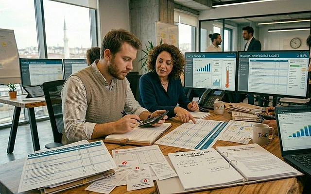 E-fatura geçiş rehberi ve bilgileri E-fatura geçiş süreçlerini tartışan bir ekip, bilgisayar ve belgelerle dolu bir ofiste çalışıyor.