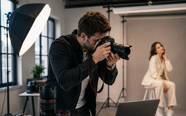 Fotoğrafçılık hakkında bilgi ve kariyer rehberi Fotoğraf stüdyosunda bir fotoğrafçı, modelin fotoğrafını çekerken çekim planı üzerinde çalışıyor.