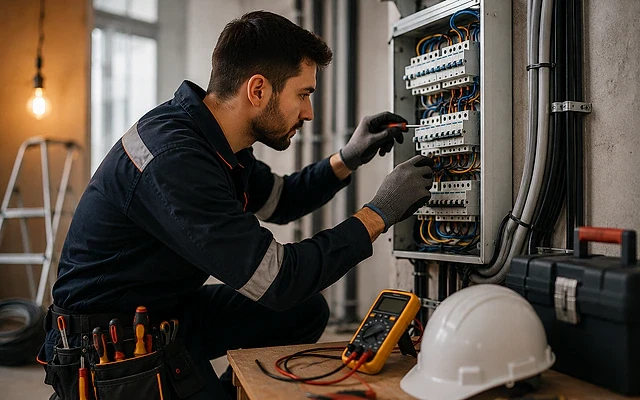 Elektrikçi mesleği ve eğitim süreci hakkında bilgi Elektrikçi, elektrik panosunda kabloları kontrol ederken dikkatli bir şekilde çalışıyor.