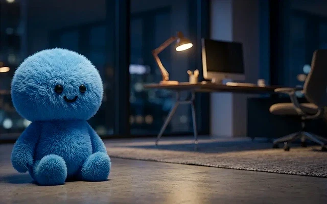 Lokasyona göre iş aramanın faydaları Mavi peluş oyuncak, modern bir ofis ortamında yer alıyor.