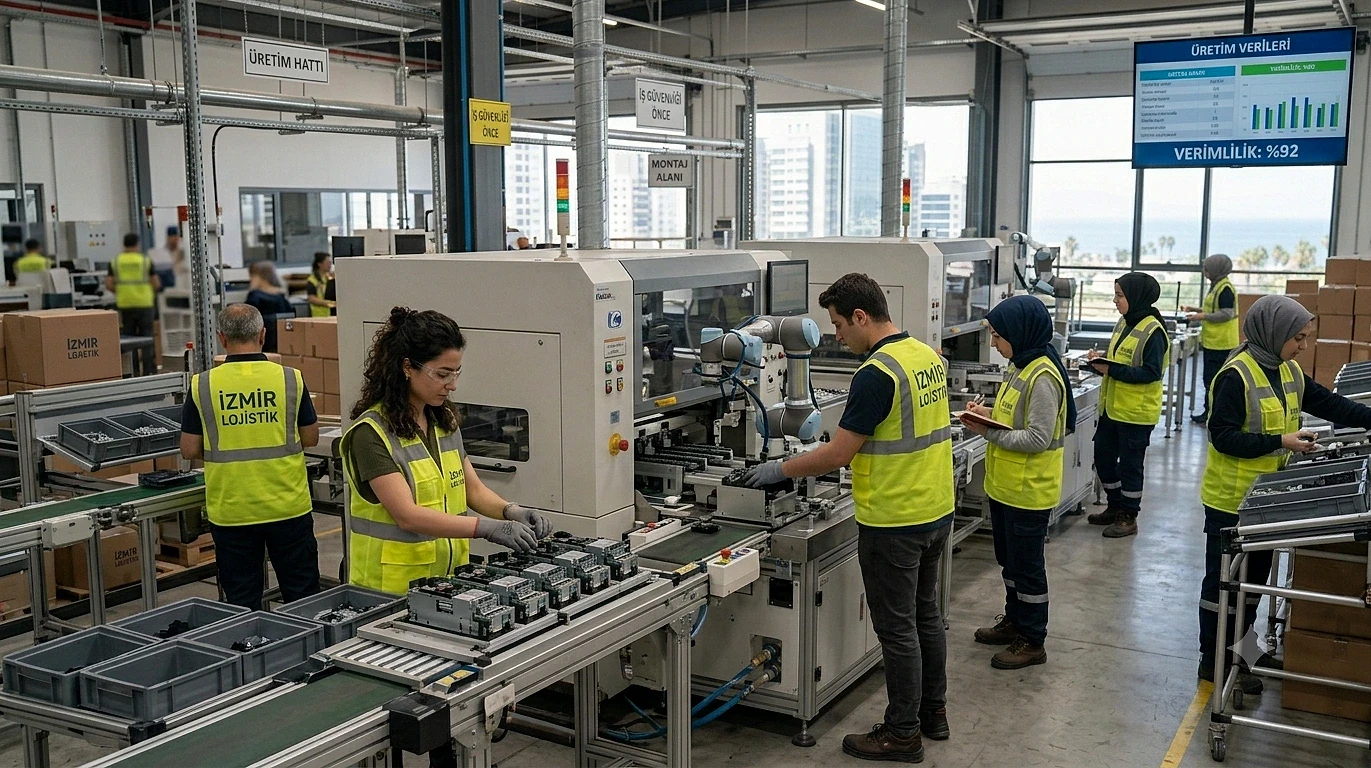 Üretim operatörlerinin görevleri ve maaşları hakkında bilgi Farklı görevlerde çalışan üretim operatörleri, modern bir üretim tesisinde iş başında.