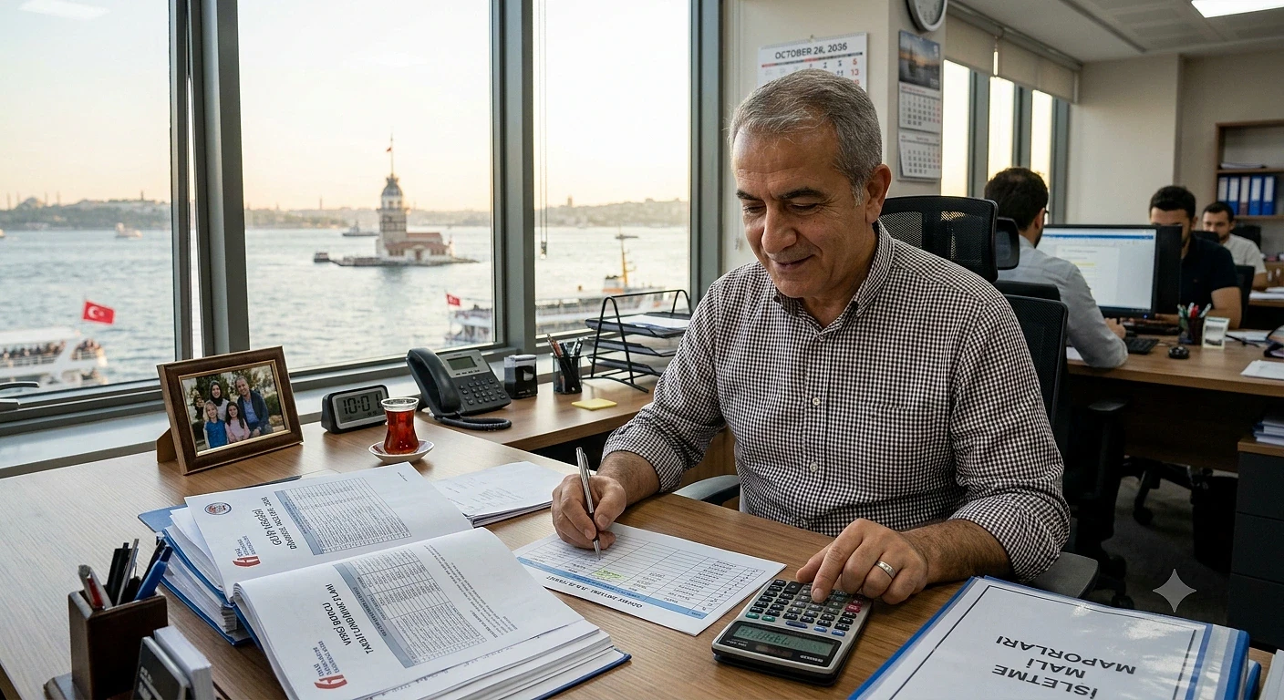 Muhasebe kaydı ve matrah artırımı hakkında bilgi İstanbul manzaralı ofiste çalışan bir muhasebeci, matrah artırımı ile ilgili belgeleri inceliyor.