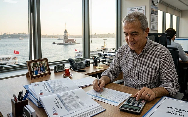 Muhasebe kaydı ve matrah artırımı hakkında bilgi İstanbul manzaralı ofiste çalışan bir muhasebeci, matrah artırımı ile ilgili belgeleri inceliyor.