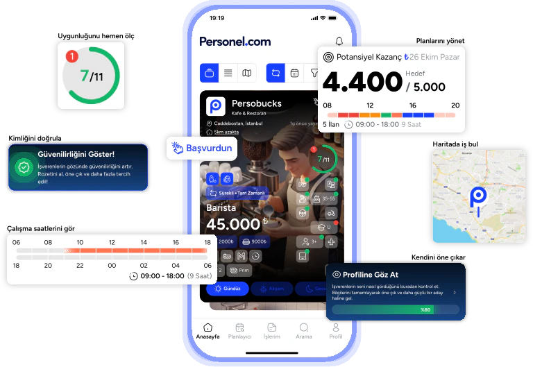 Personel.com uygulamasının iş eşleştirme ekranları